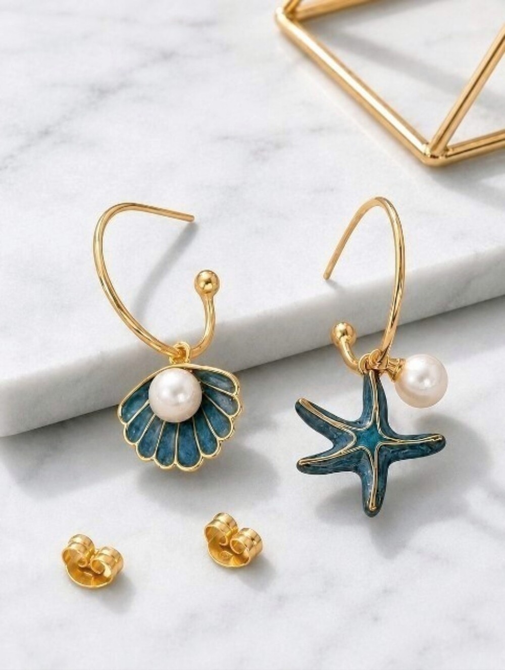 Gold  Sea Shell Starfish Pearl Drop Earrings